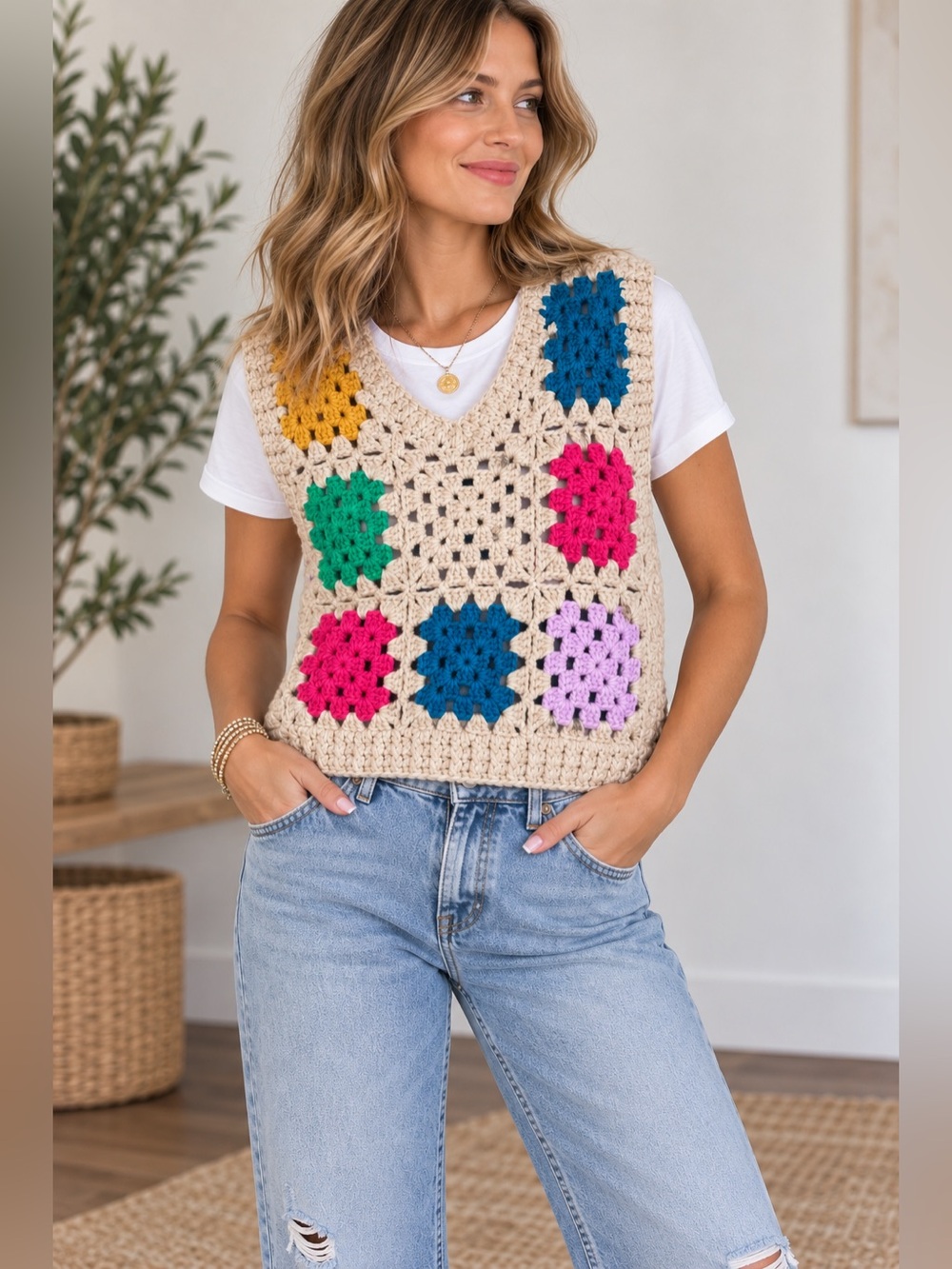 BiBi Granny Square Crochet Knit Vest Size Medium Colorful Boho